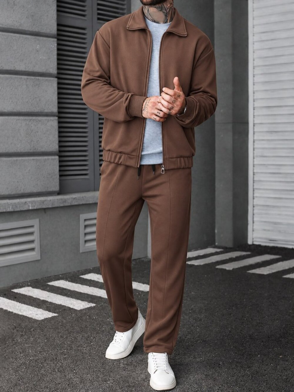 Brown Casual Men's Loose Pocket Zipper Long Sleeve Jacket & Pants Set - Picture 4 of 9